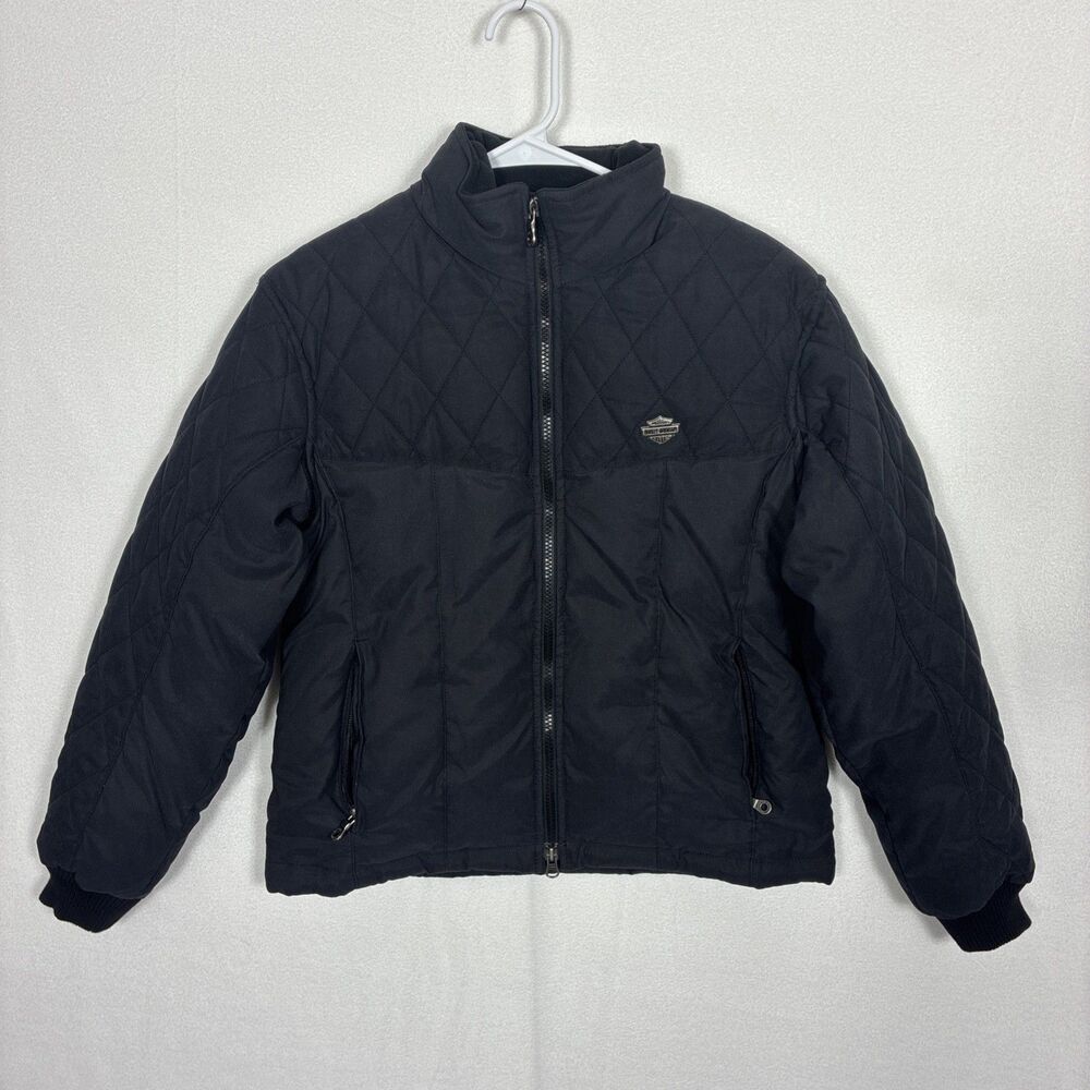 Harley-Davidson Down Quilted Puffer Jacket Black Womens Embroidered Biker small